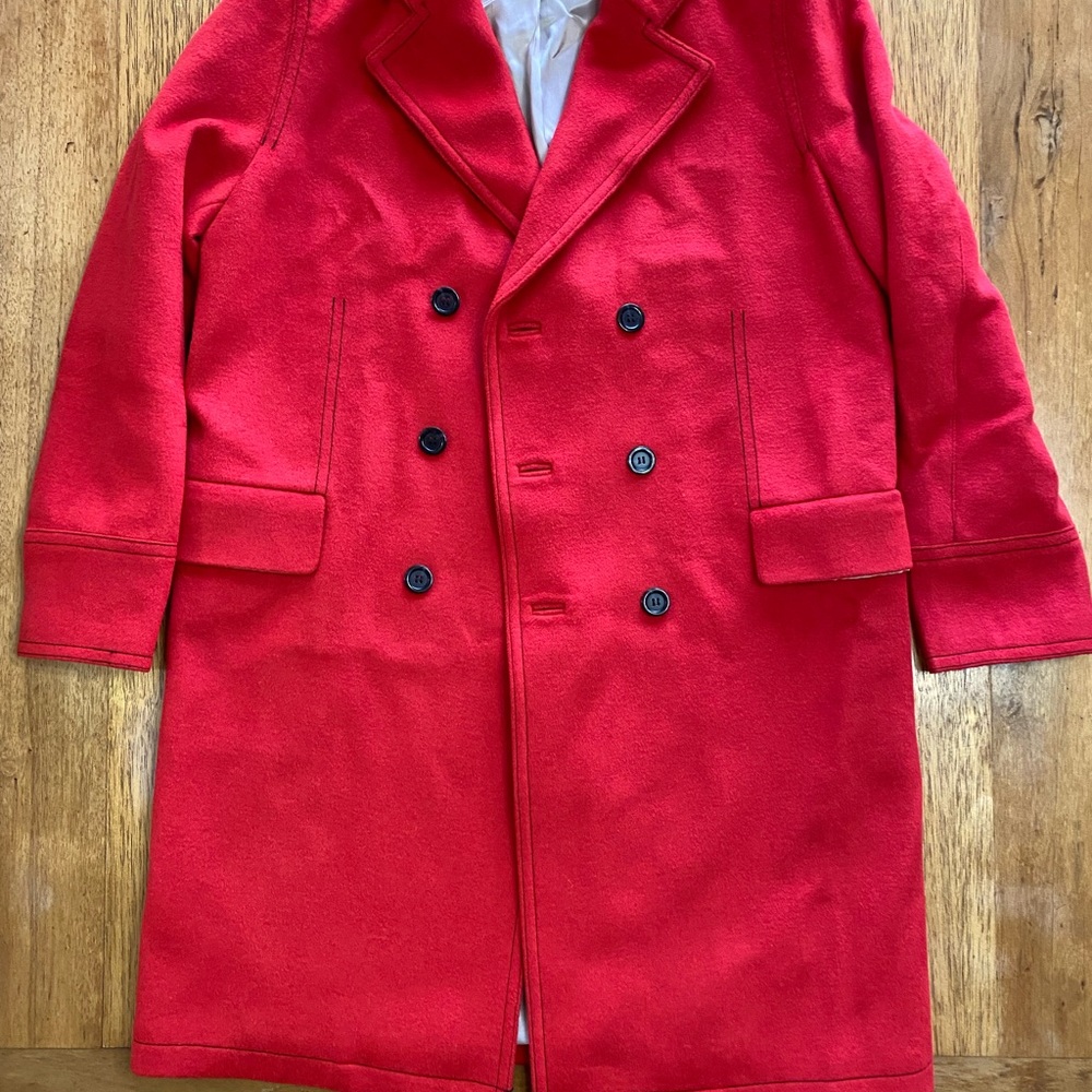Topman Red Pea Coat Double-Breasted Wool